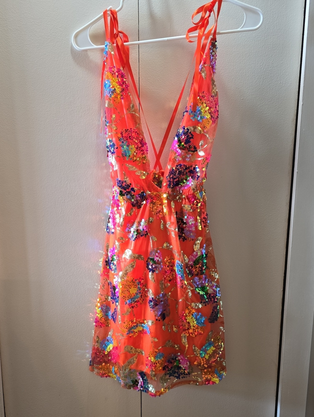 Sequin Embellished Orange Backless Mini Dress